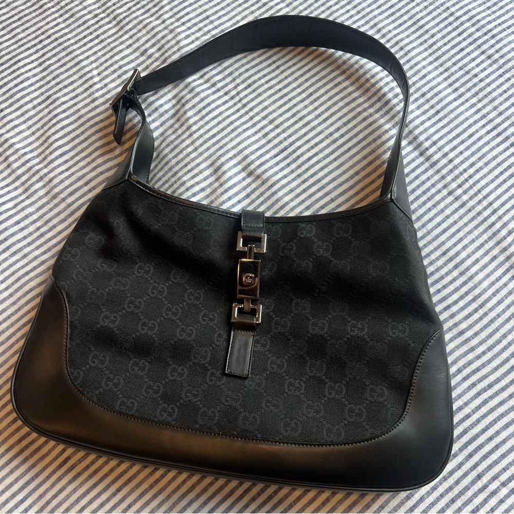Vintage canvas monogram black Gucci Jackie bag
